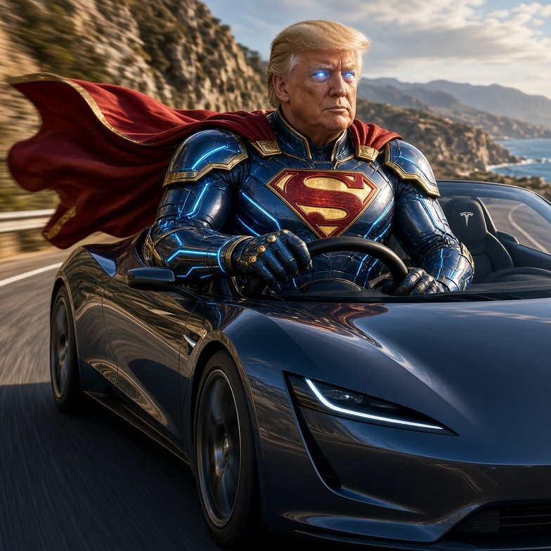 SUPERTRUMPINU driving a convertible along a coastal road